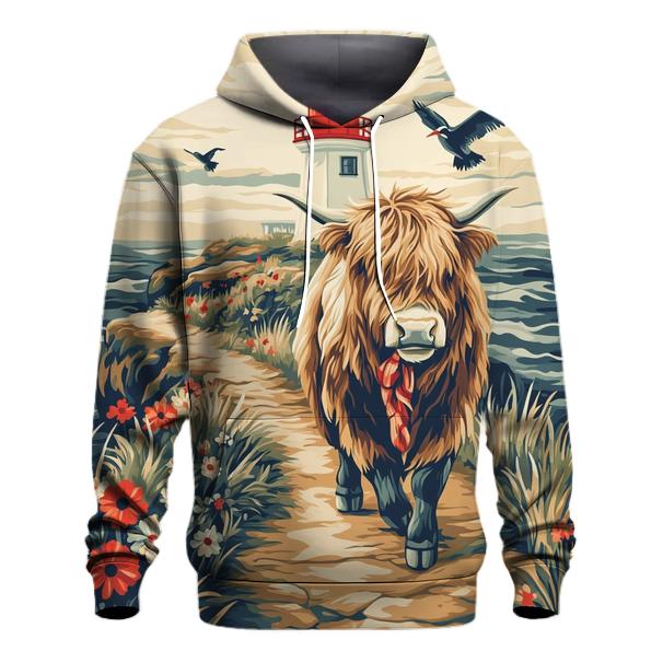 Highland Cow And The Lighthouse Cliff Path heavyweight hoodies