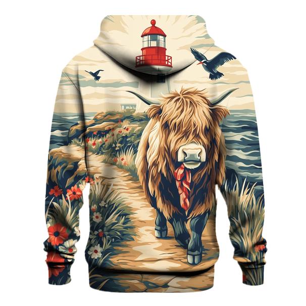 Highland Cow And The Lighthouse Cliff Path heavyweight hoodies
