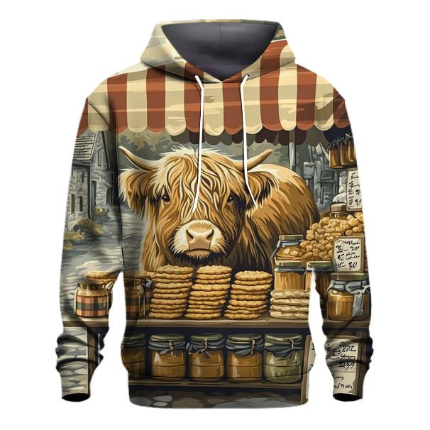 Tartan Market Stall Featuring Highland Cow printed hoodies