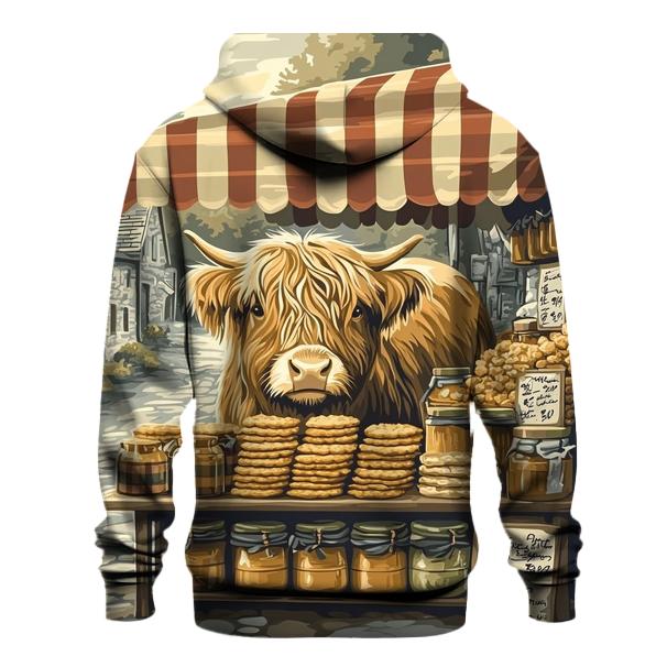 Tartan Market Stall Featuring Highland Cow printed hoodies