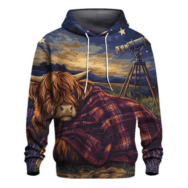 Highland Cow Stargazing Blanket On The Hill embroidered hoodies