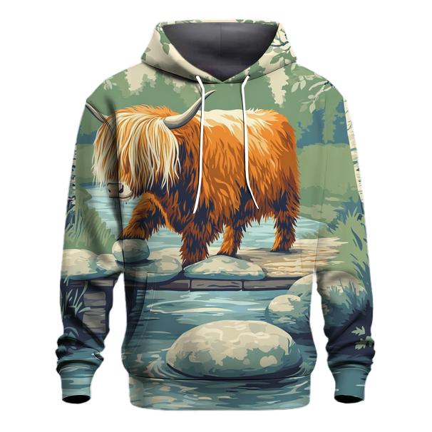 River Stepping Stones Highland Cow Explorer heavyweight hoodies