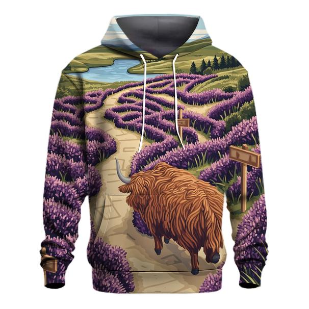 Highland Cow And The Heather Maze designer hoodies