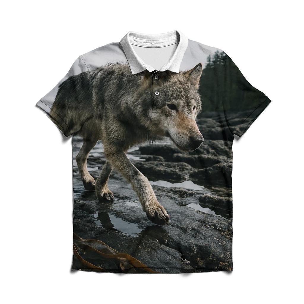 Coastal Wolf Foraging On The Haida Gwaii Intertidal Shelf casual sports polo shirts