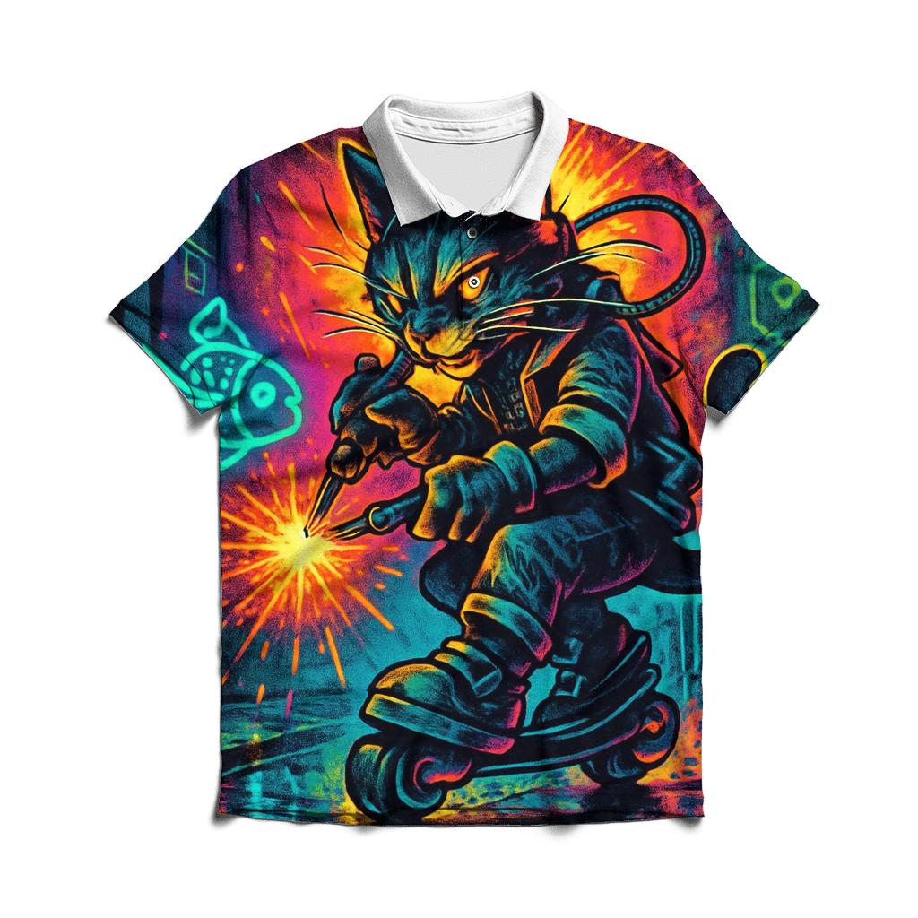 Neon Alley Mechanic Cat On Hover Skates stylish collar polo tees