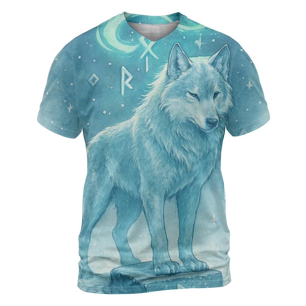 Aurora Runestone Sentinel Wolf vibrant all-over design tees