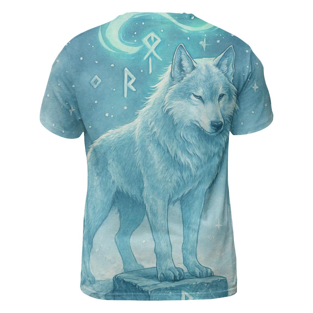 Aurora Runestone Sentinel Wolf vibrant all-over design tees