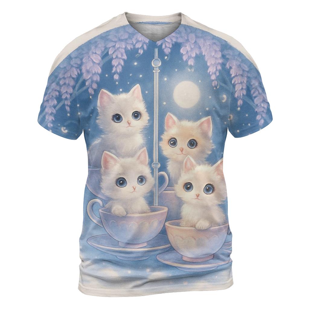 Moonlit Teacup Kitten Carousel artistic all-over print tops