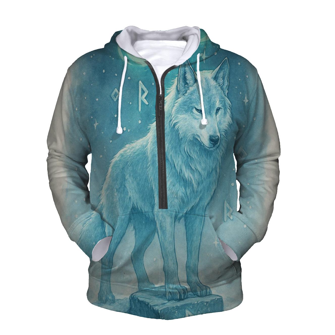 Aurora Runestone Sentinel Wolf graphic hoodies