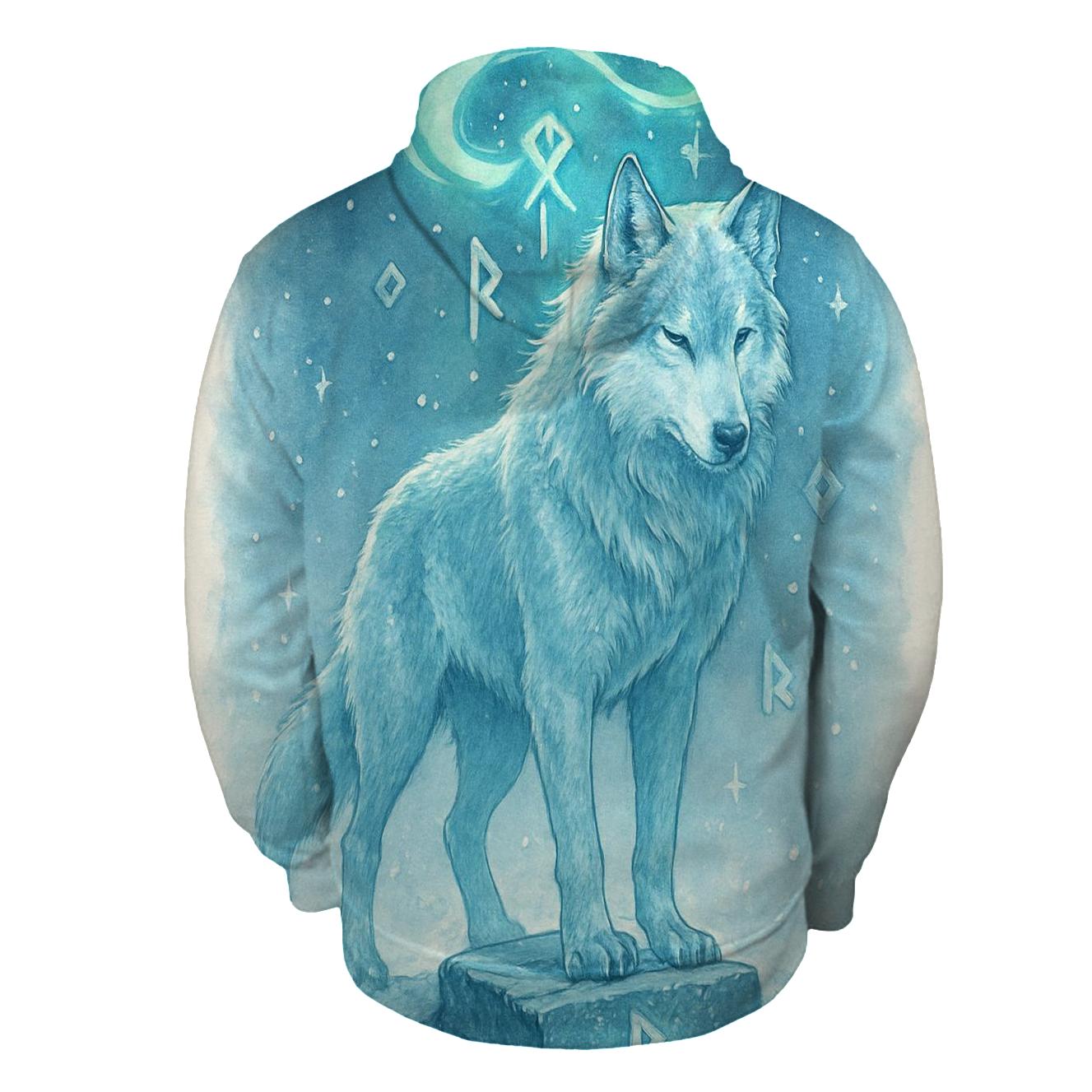 Aurora Runestone Sentinel Wolf graphic hoodies