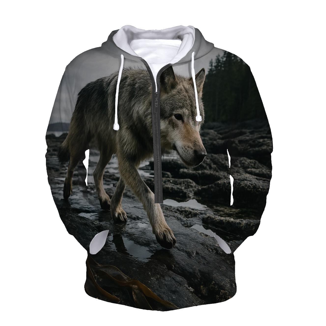 Coastal Wolf Foraging On The Haida Gwaii Intertidal Shelf printed hoodies