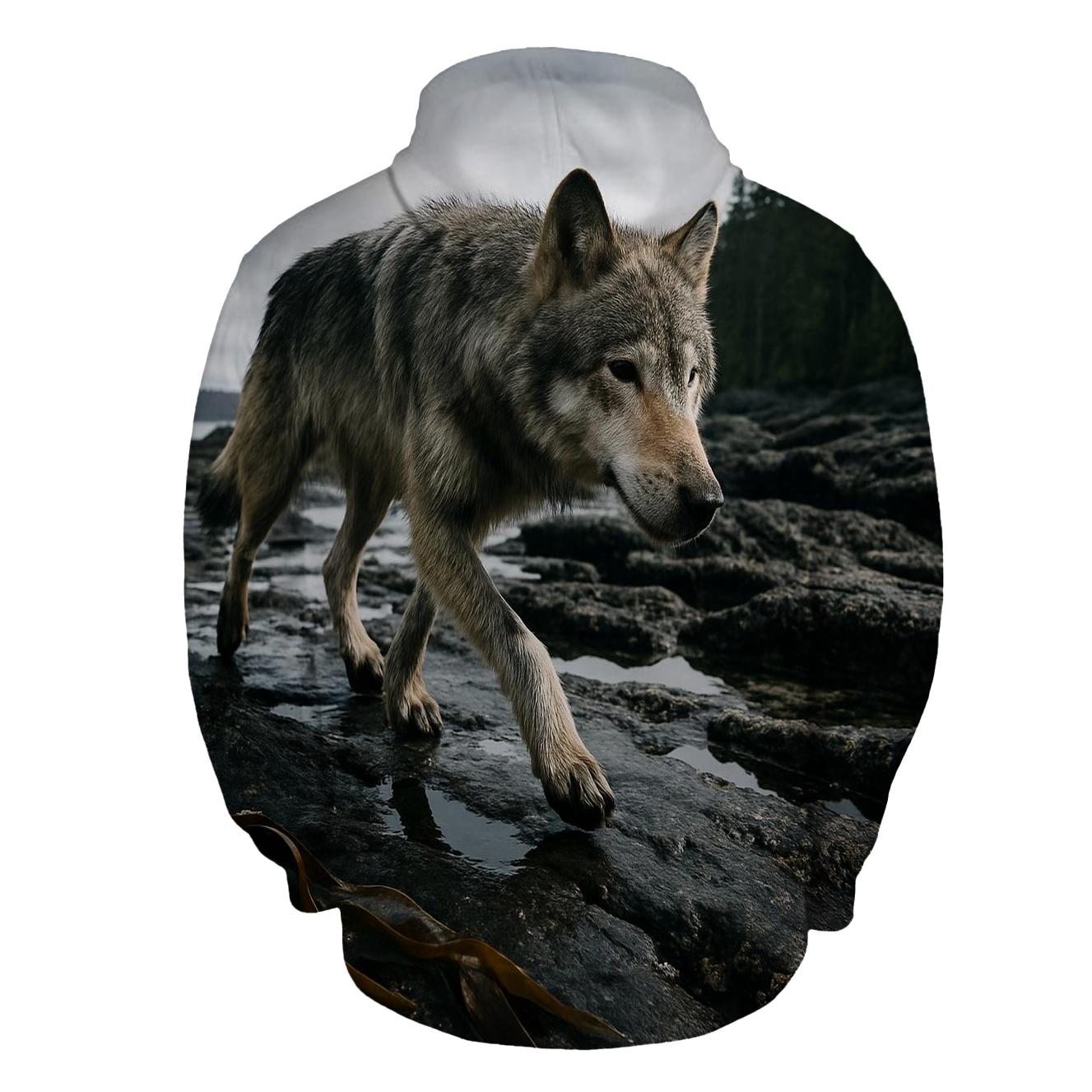 Coastal Wolf Foraging On The Haida Gwaii Intertidal Shelf printed hoodies