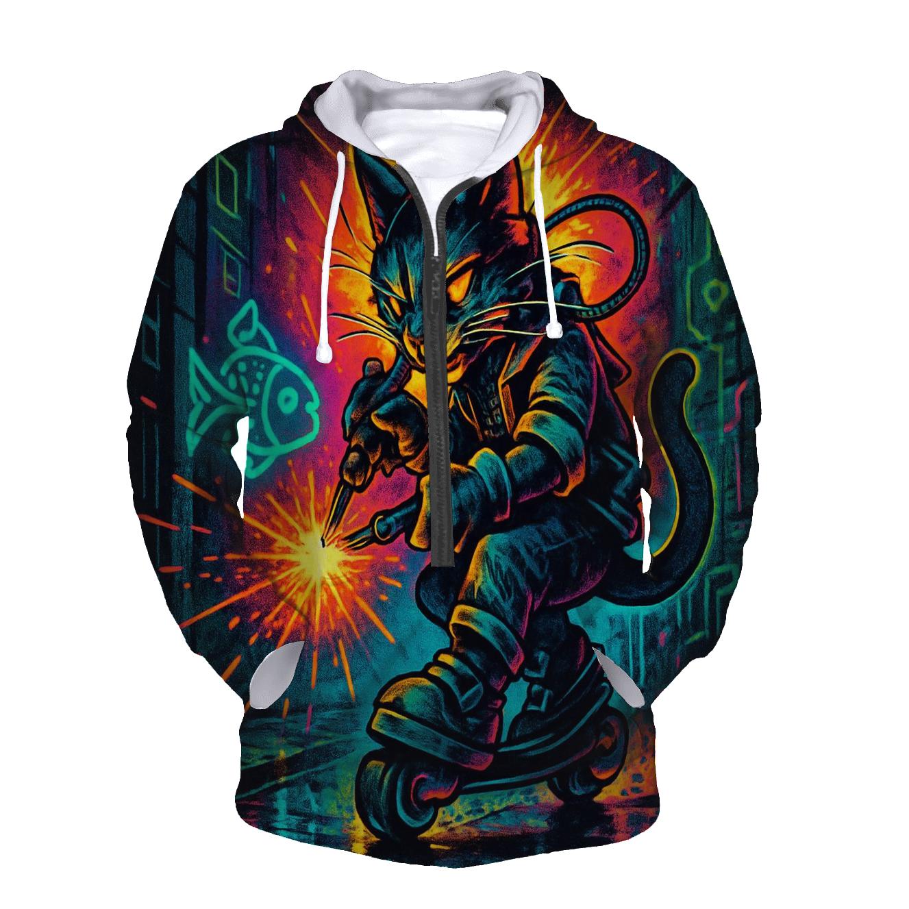 Neon Alley Mechanic Cat On Hover Skates pullover hoodies