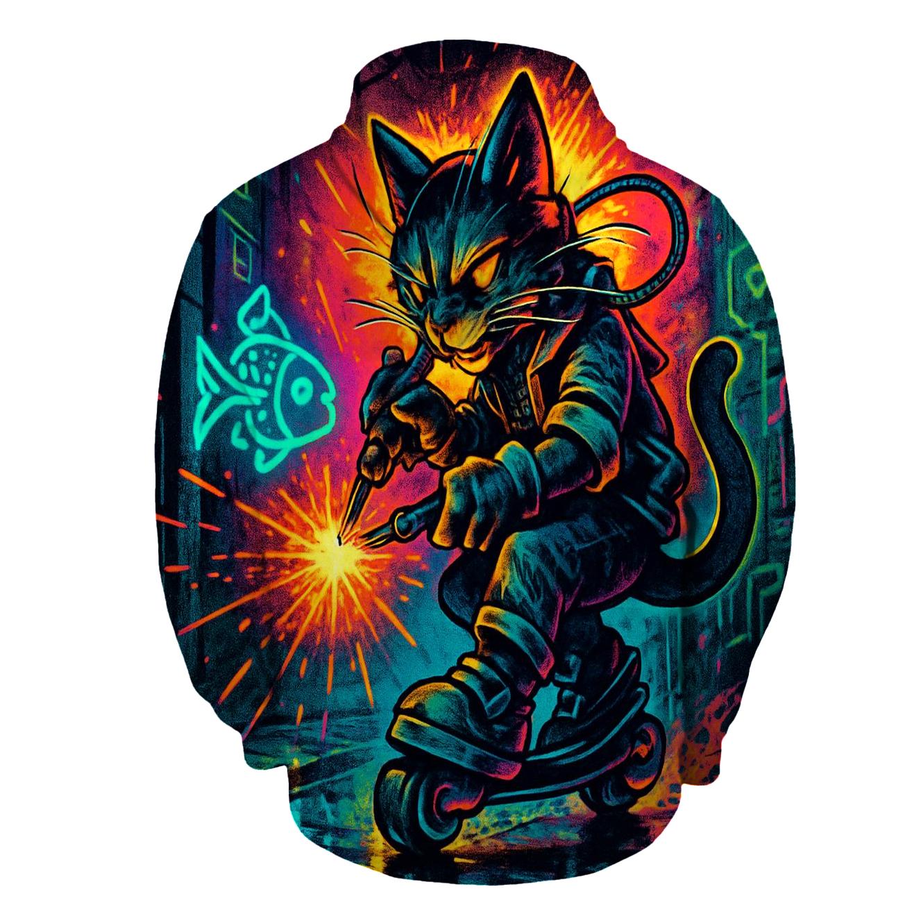 Neon Alley Mechanic Cat On Hover Skates pullover hoodies
