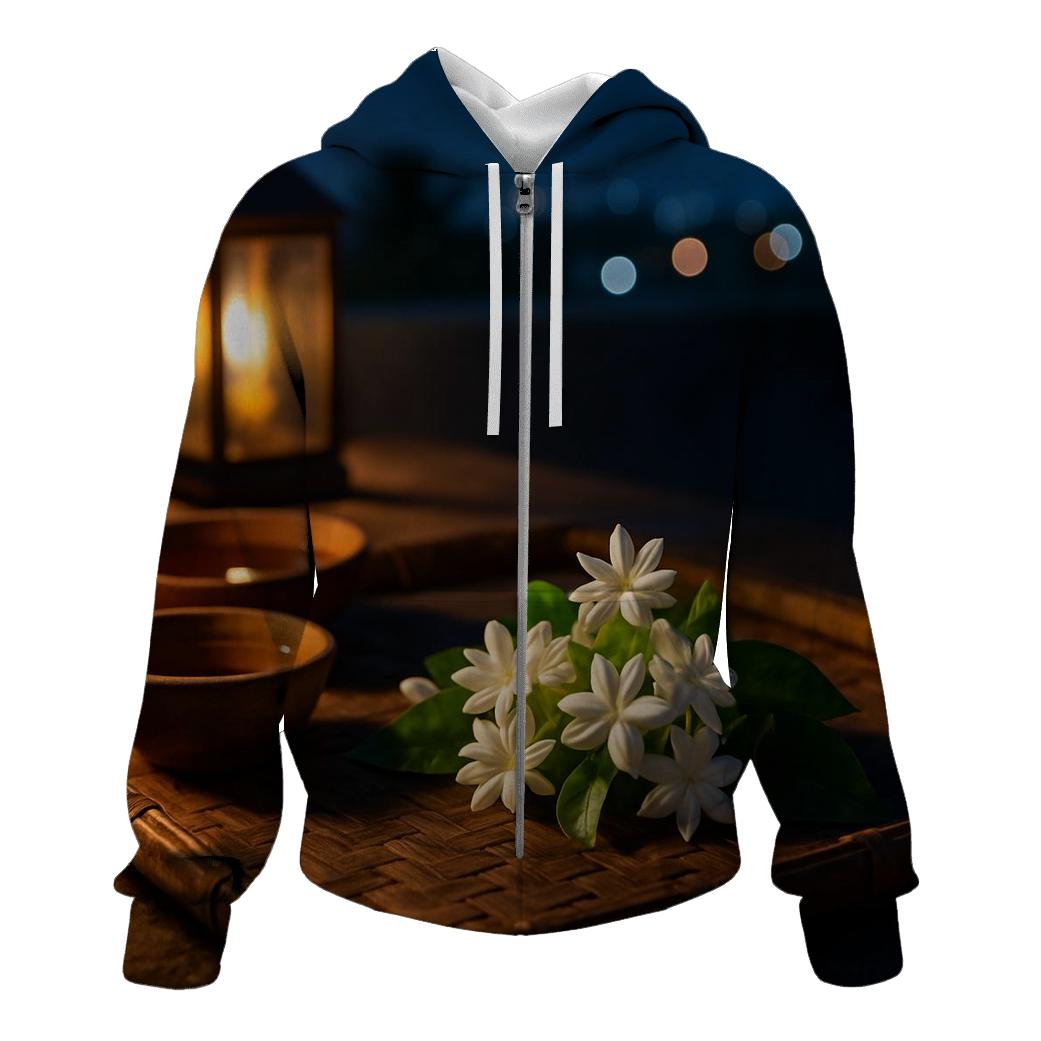 Nocturnal Jasmine Harvest On A Rooftop Terrace embroidered hoodies