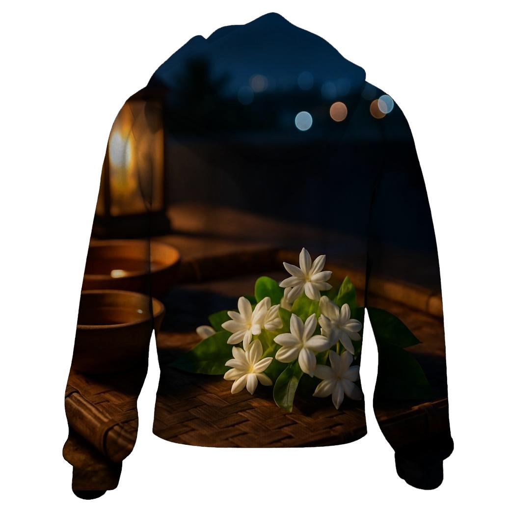 Nocturnal Jasmine Harvest On A Rooftop Terrace embroidered hoodies