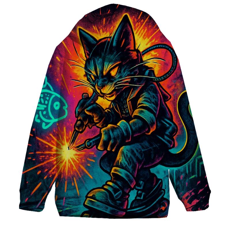 Neon Alley Mechanic Cat On Hover Skates pullover hoodies