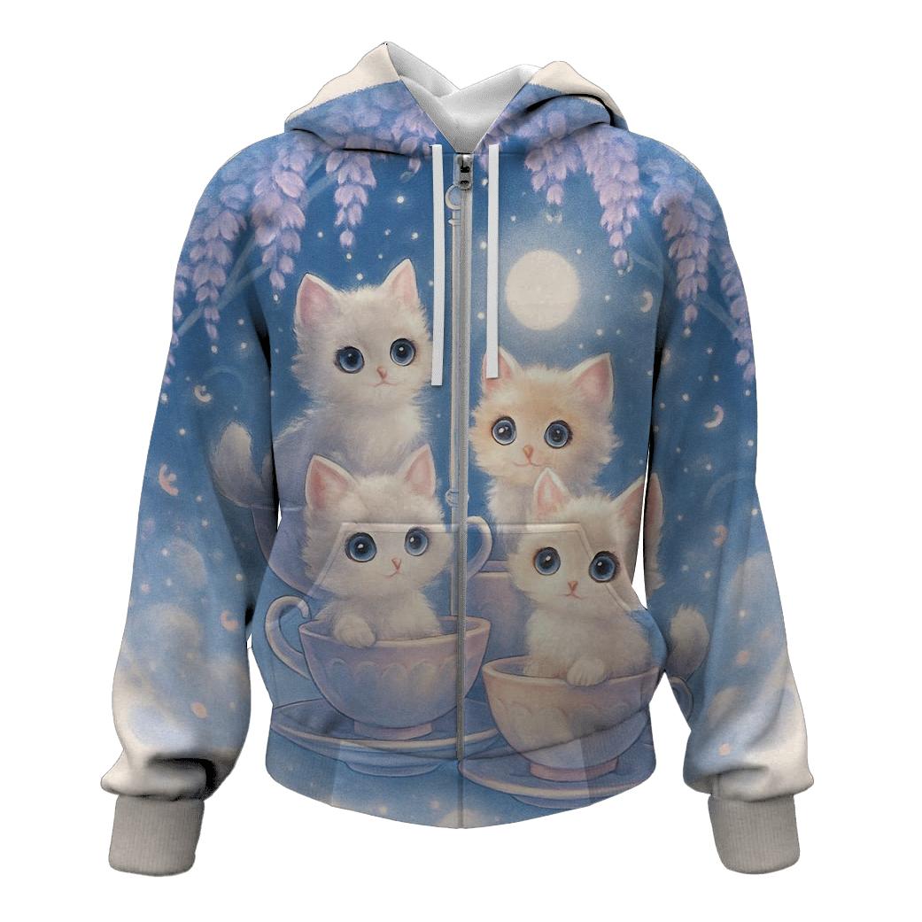 Moonlit Teacup Kitten Carousel zip-up hoodies