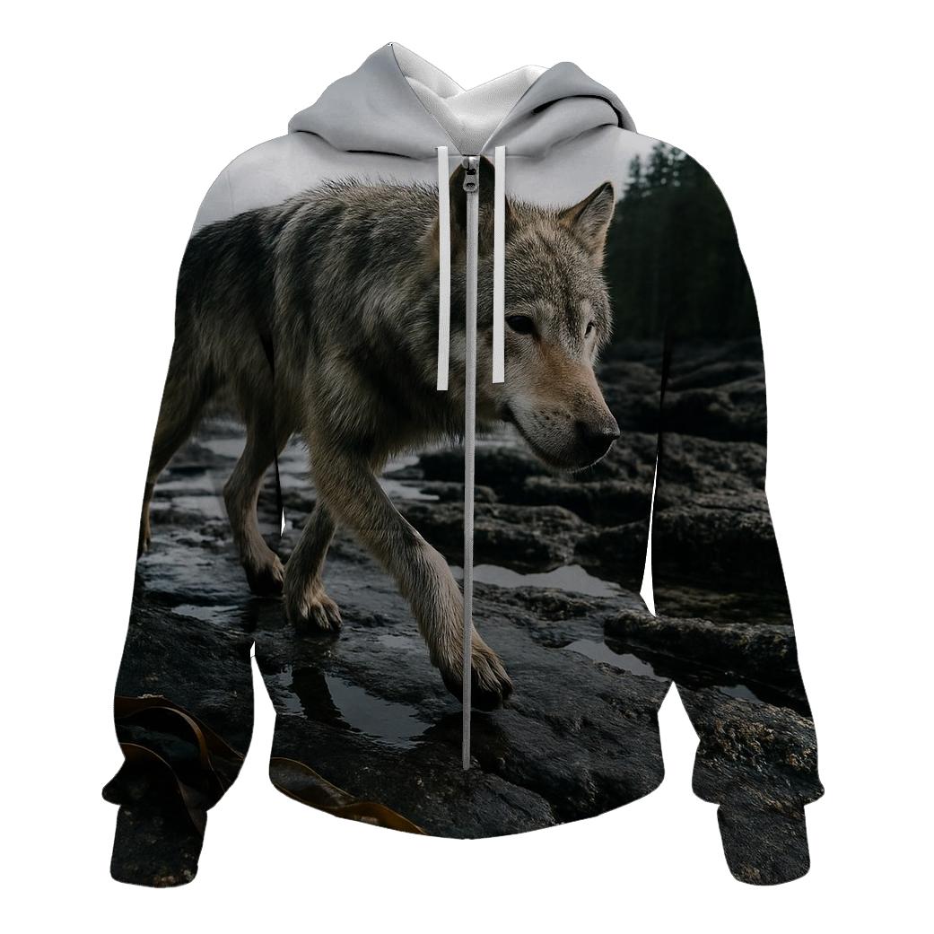 Coastal Wolf Foraging On The Haida Gwaii Intertidal Shelf printed hoodies