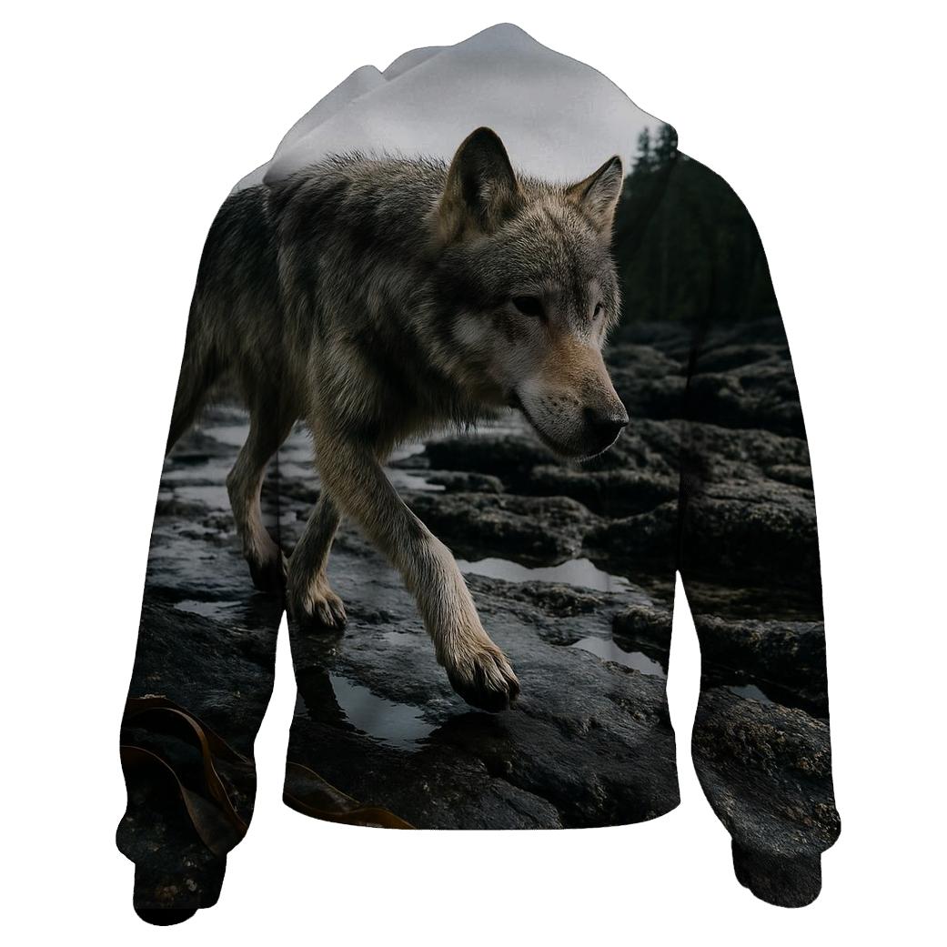 Coastal Wolf Foraging On The Haida Gwaii Intertidal Shelf printed hoodies