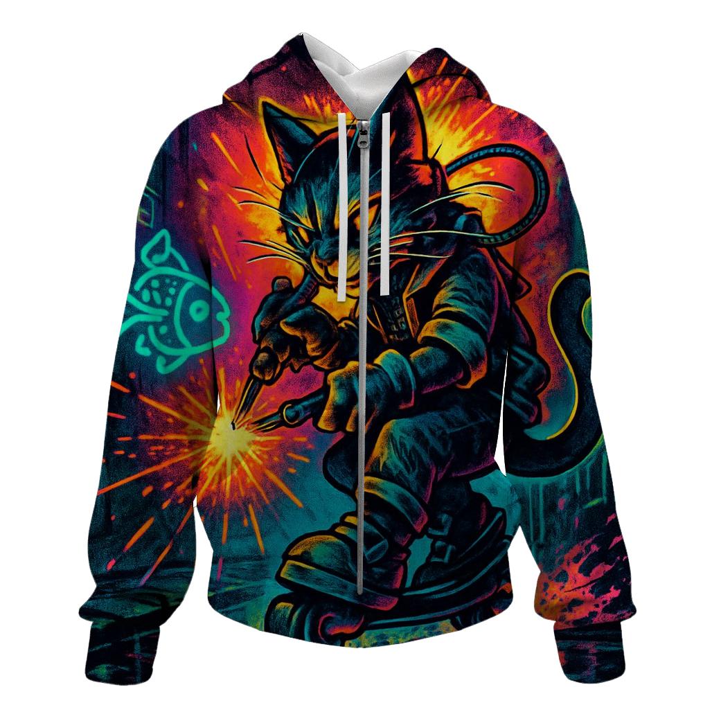 Neon Alley Mechanic Cat On Hover Skates heavyweight hoodies