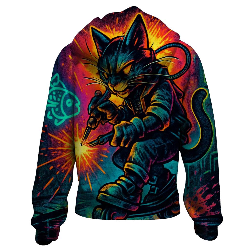 Neon Alley Mechanic Cat On Hover Skates heavyweight hoodies