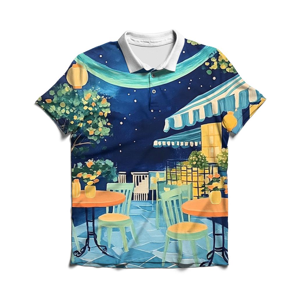Henri Matisse Inspired Midnight Cafe Under Aurora Skies embroidered polo tops