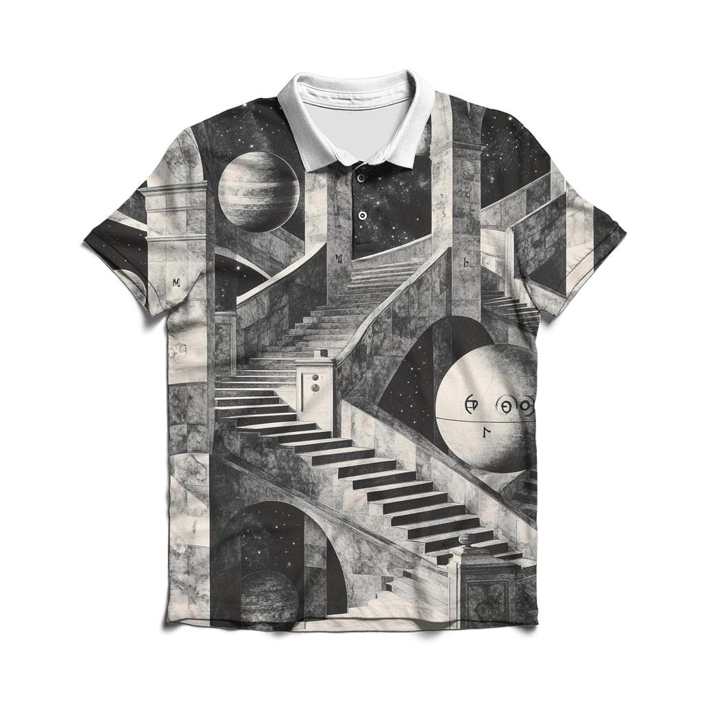 M C Escher Inspired Solar System Staircase Observatory premium cotton polo shirts