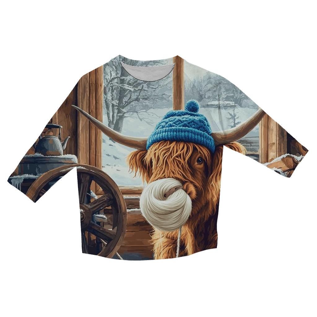 Highland Cow Winter Knit Workshop casual three quarter sleeve shirts