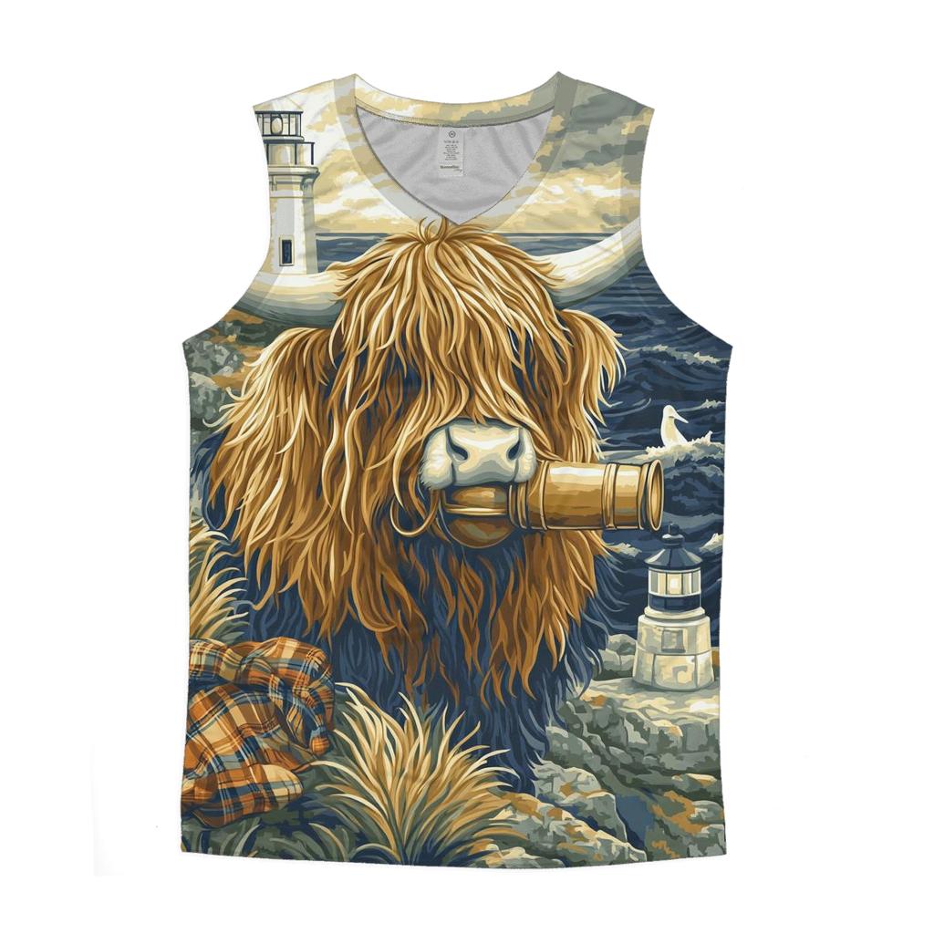 Highland Cow Lighthouse Keeper sports performance tank tops