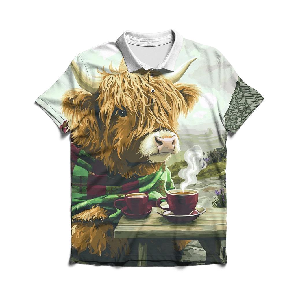 Tea Time With Highland Cow In The Croft branded logo polo shirts