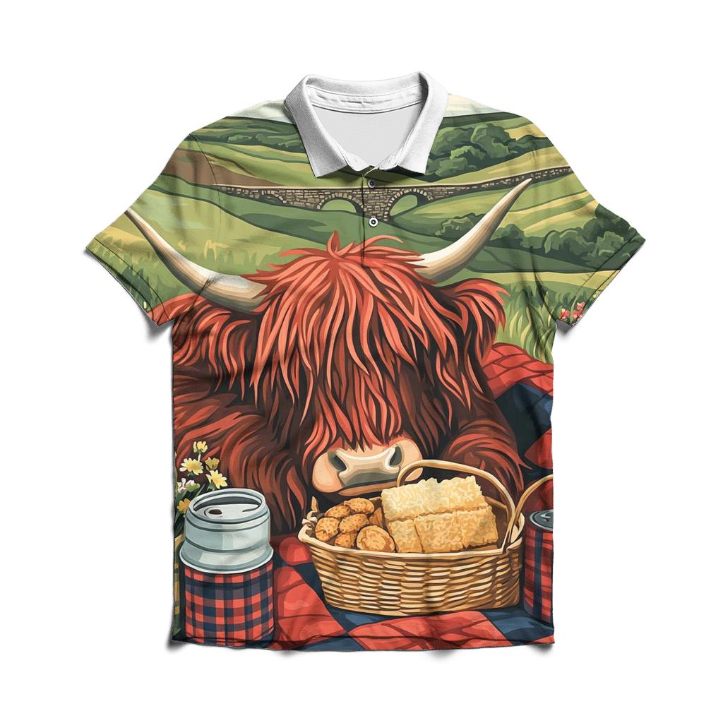 Tartan Quilt Picnic Highland Cow custom polo shirts
