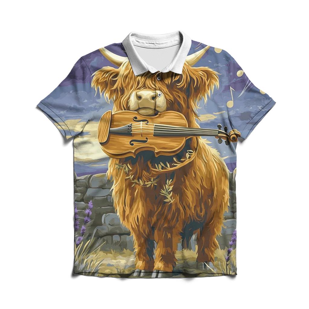 Highland Cow And The Heather Violin embroidered polo tops