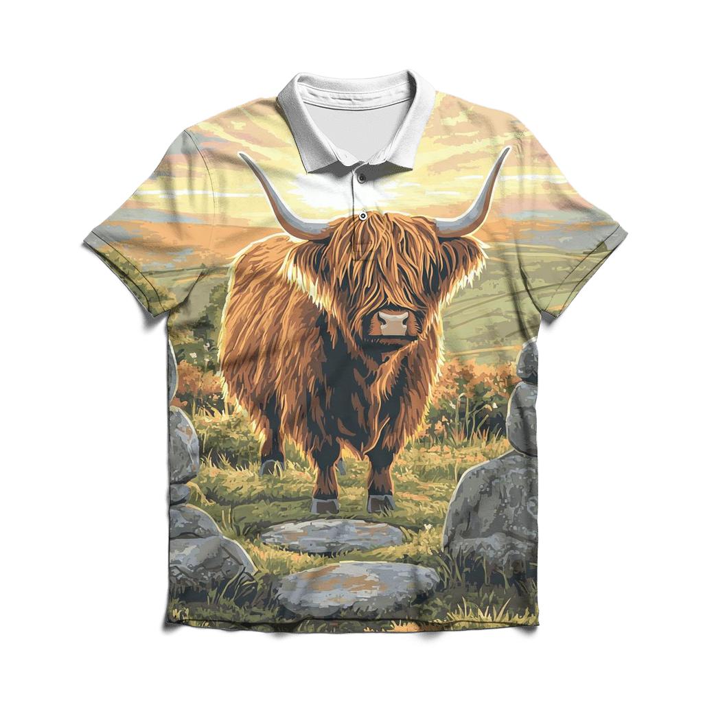 Highland Cow At The Stone Circle Dawn casual sports polo shirts