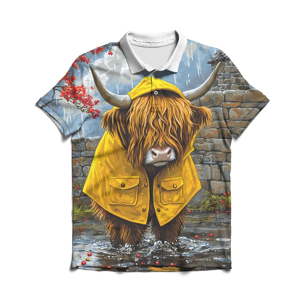 Highland Cow Raincoat Parade premium cotton polo shirts