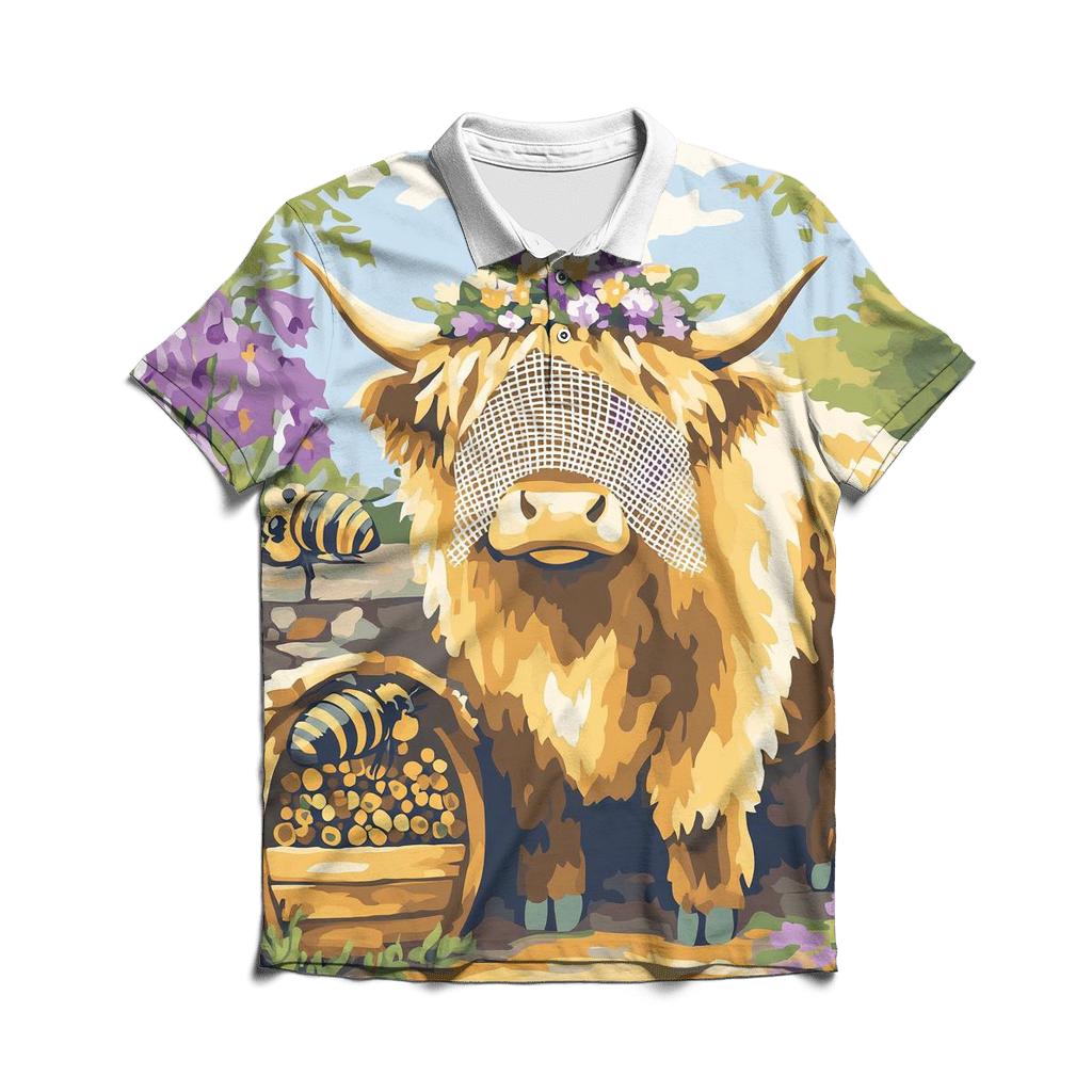 Highland Cow Bee Garden Guardian designer slim fit polos