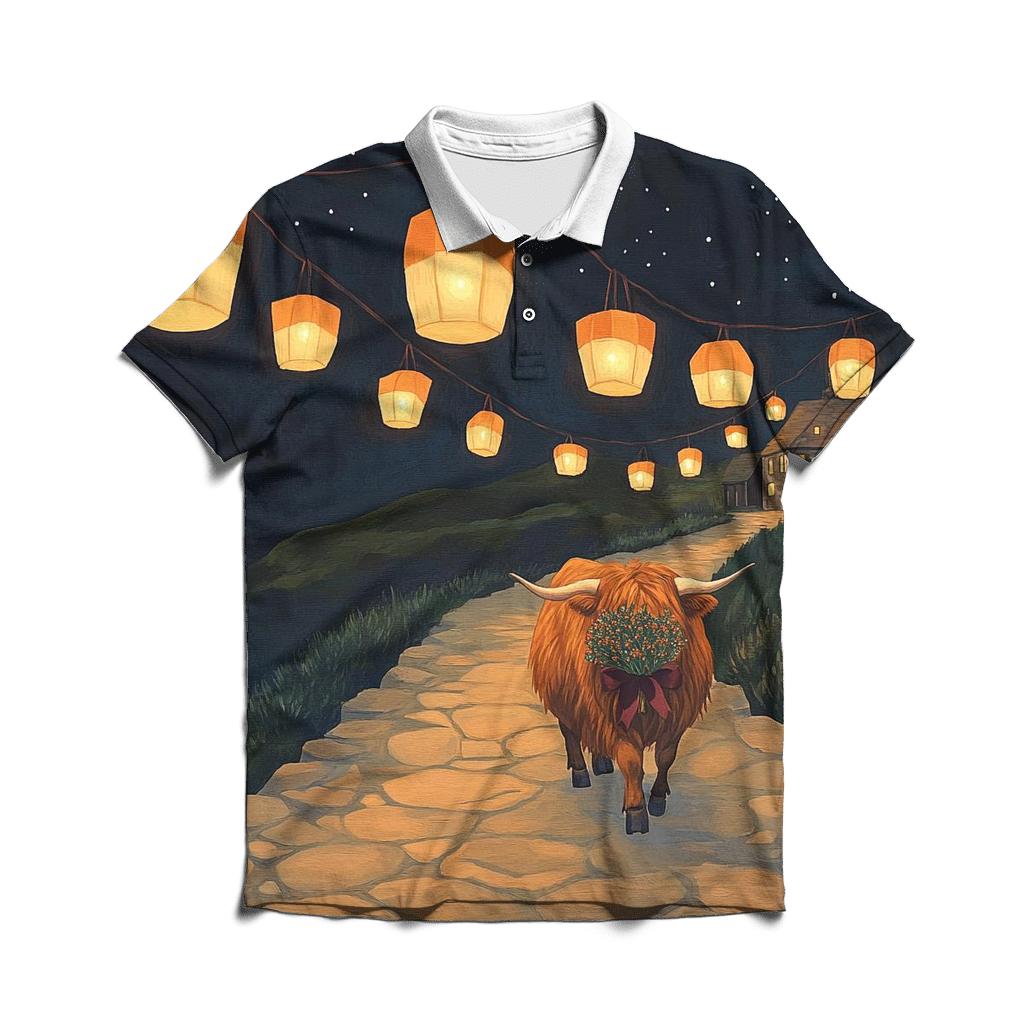 Night Lanterns Highland Cow Path branded logo polo shirts