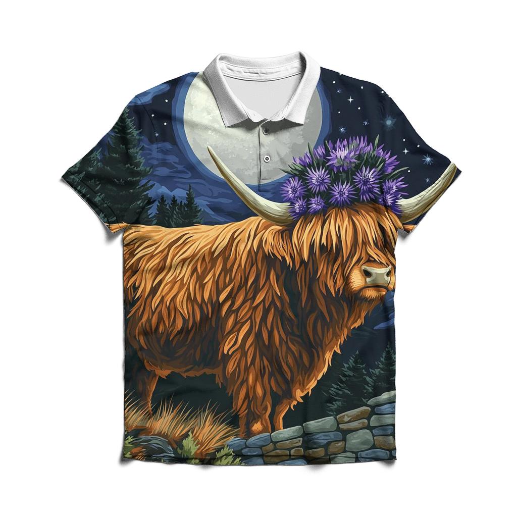 Highland Cow Moonlit Thistle Crown personalized polo shirts