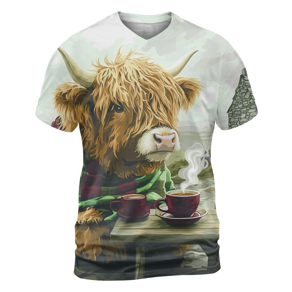 Tea Time With Highland Cow In The Croft vibrant all-over design tees