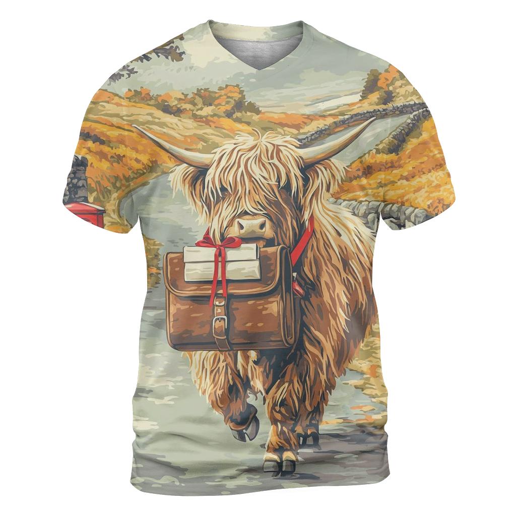 Highland Cow On The Mail Run vibrant all-over design tees
