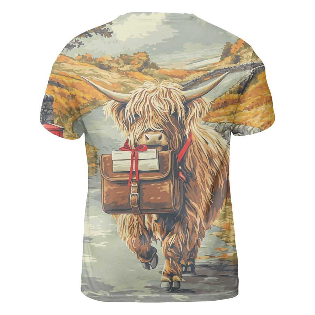 Highland Cow On The Mail Run vibrant all-over design tees