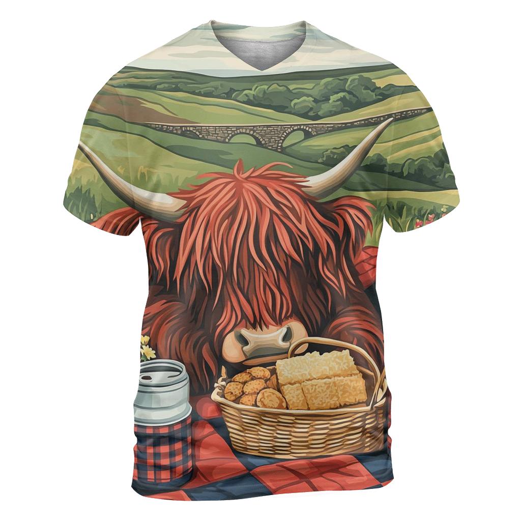 Tartan Quilt Picnic Highland Cow vibrant all-over design tees
