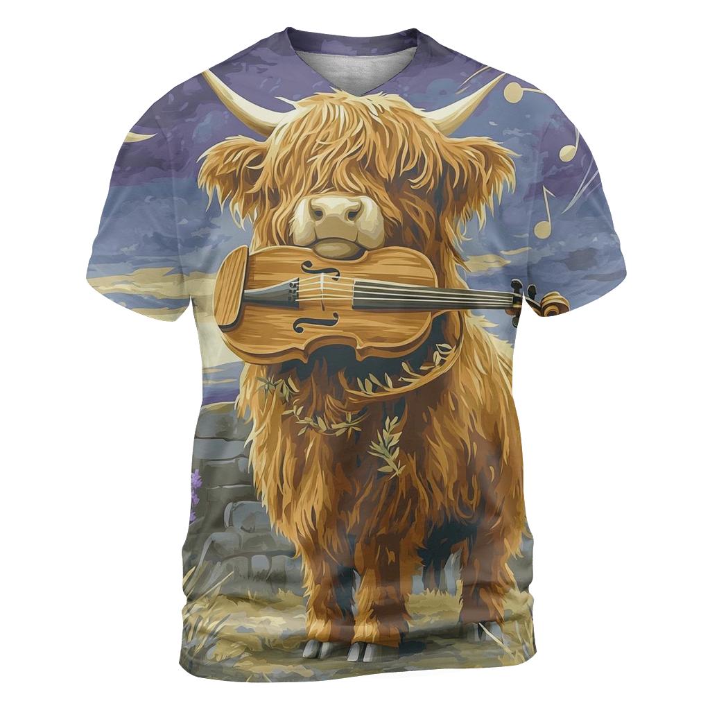 Highland Cow And The Heather Violin unique graphic print tees