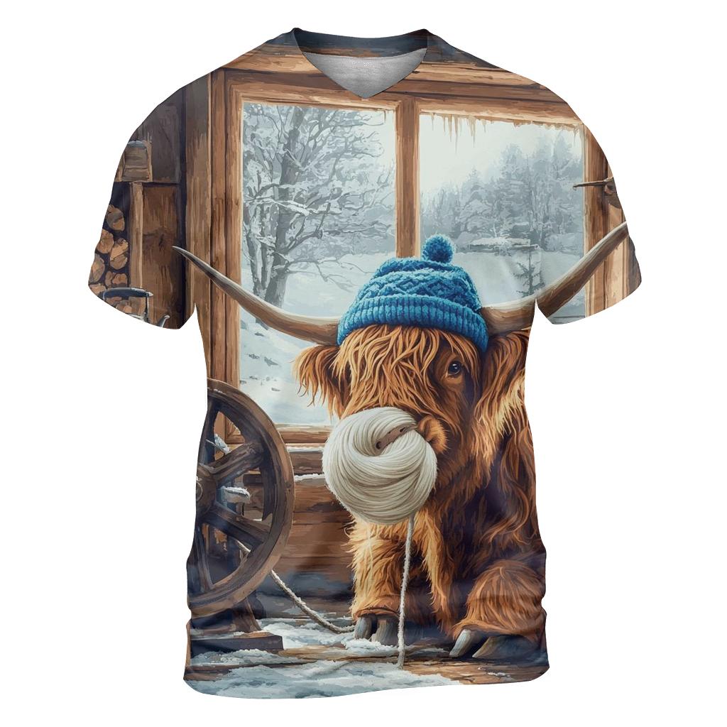 Highland Cow Winter Knit Workshop vibrant all-over design tees