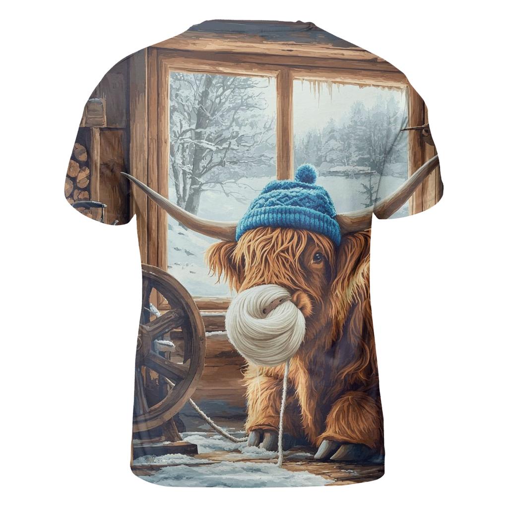 Highland Cow Winter Knit Workshop vibrant all-over design tees