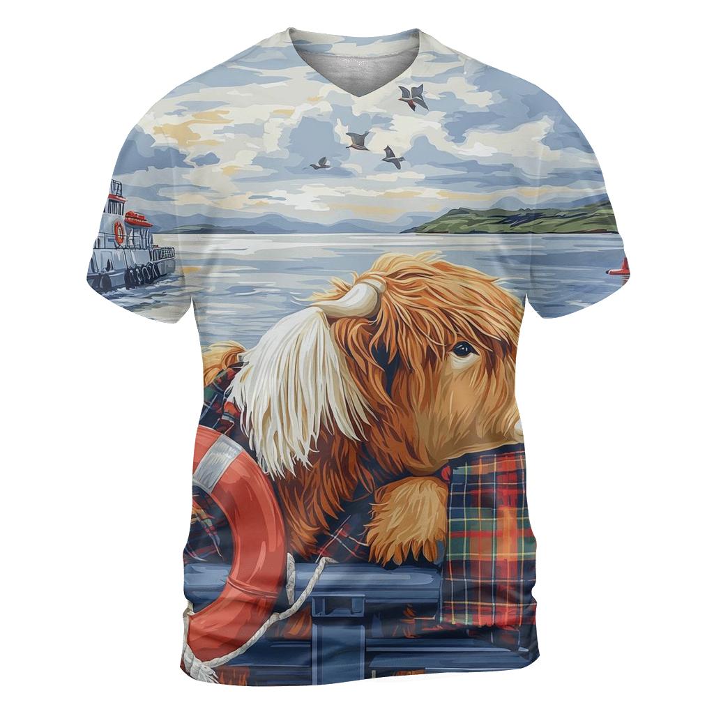 Highland Cow Ferry Crossing artistic all-over print tops