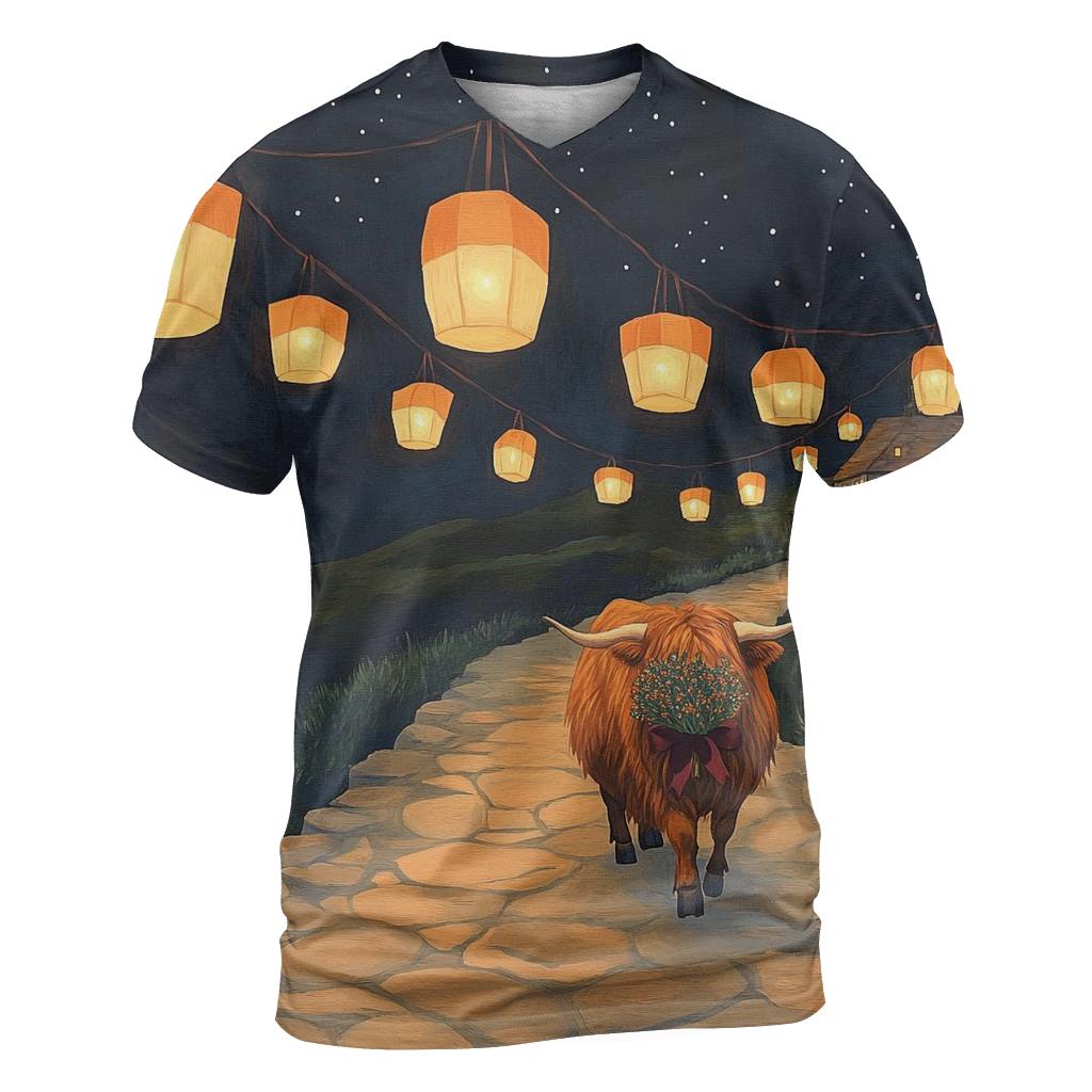 Night Lanterns Highland Cow Path designer pattern shirts
