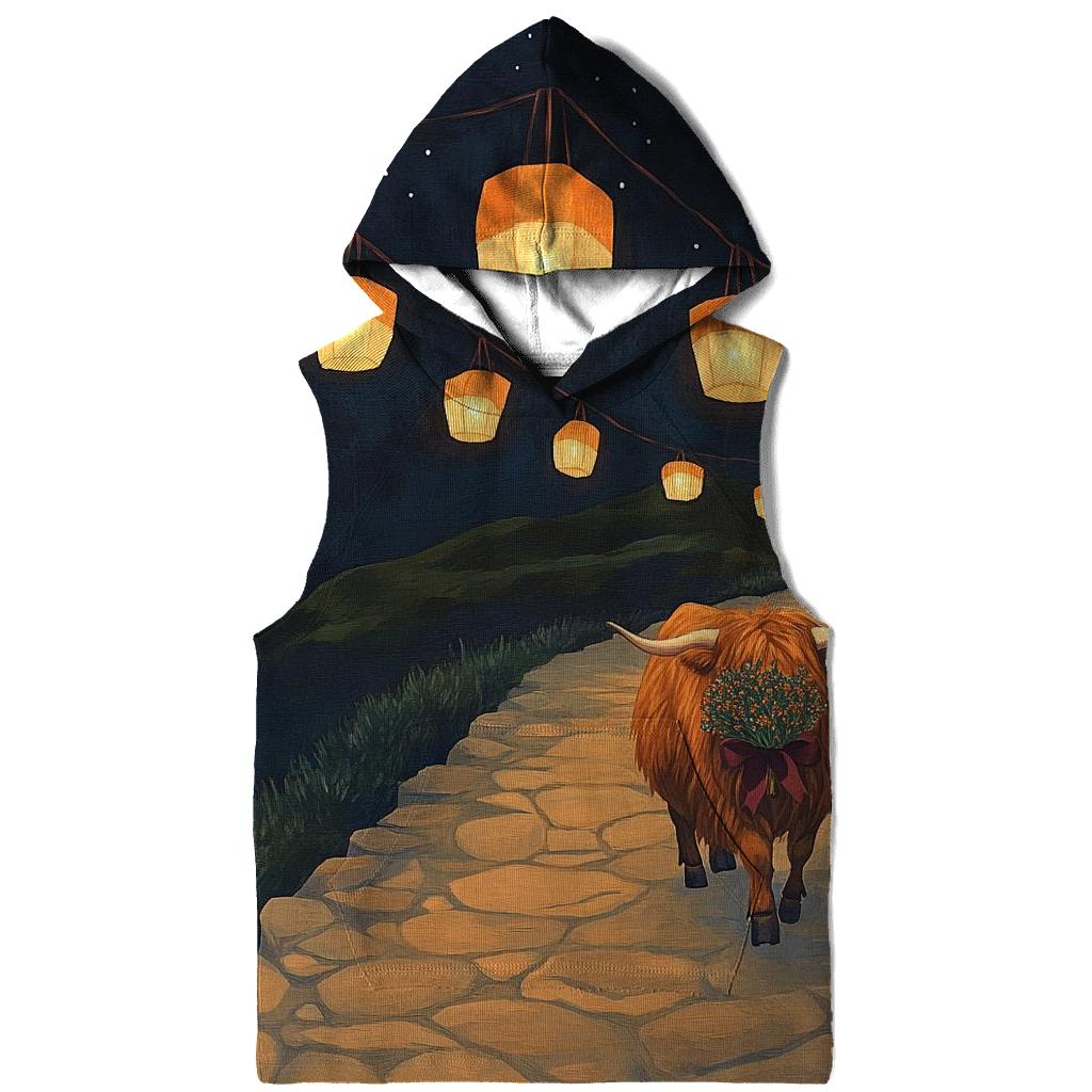 Night Lanterns Highland Cow Path embroidered hoodies