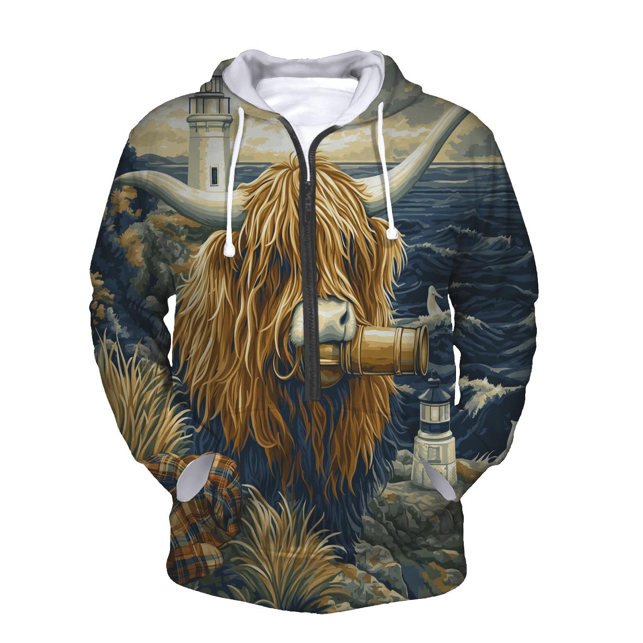 Highland Cow Lighthouse Keeper zip-up hoodies