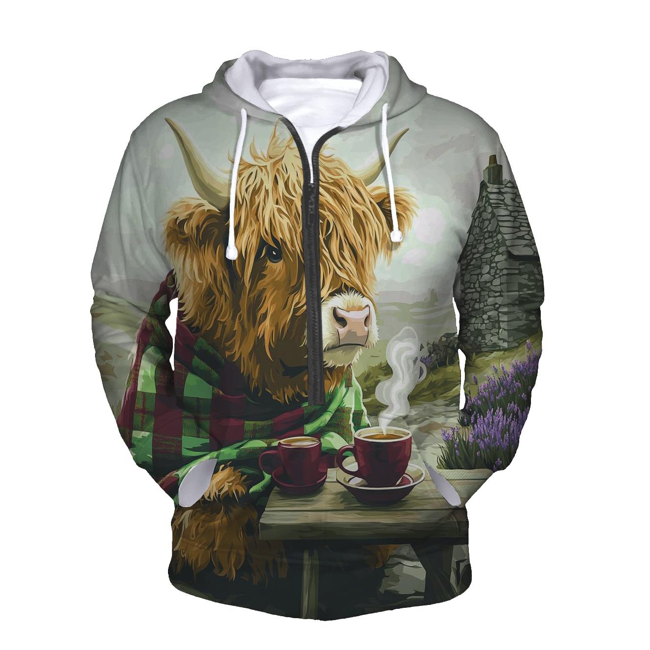 Tea Time With Highland Cow In The Croft heavyweight hoodies